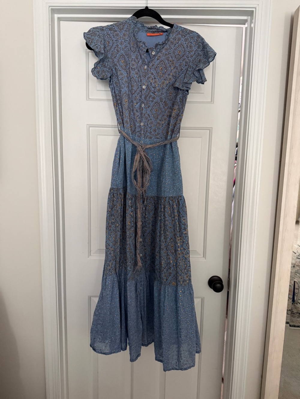 Oliphant Light Blue Printed Button-Front Maxi Dress with Waist Tie - Picture 2 of 5